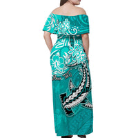 (Custom Personalised) Hawaii Off Shoulder Long Dress Polynesia Turquoise Sea Turtle Honu and Hammerhead Shark LT13 - Polynesian Pride