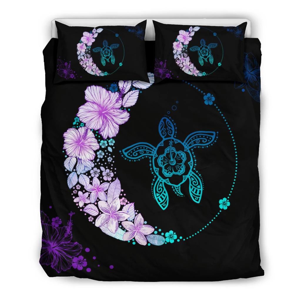 Hawaiian Hibiscus Plumeria Turtle Colorful Flower Bedding Set Black - Polynesian Pride