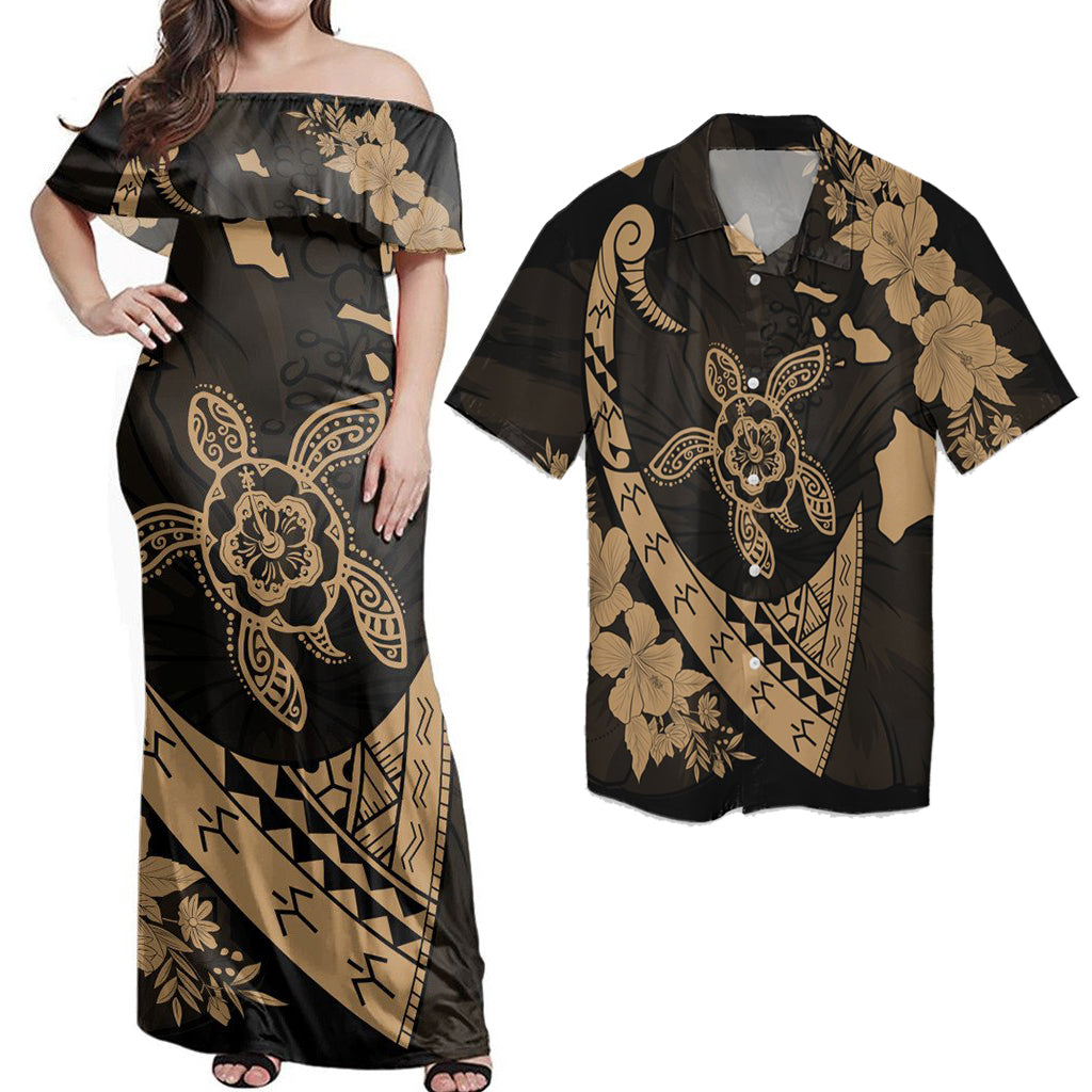 Hawaii Matching Dress and Hawaiian Shirt Hawaii Map Hibiscus Turtle Fish Hook Polynesian Gold RLT14 No Dress - Polynesian Pride