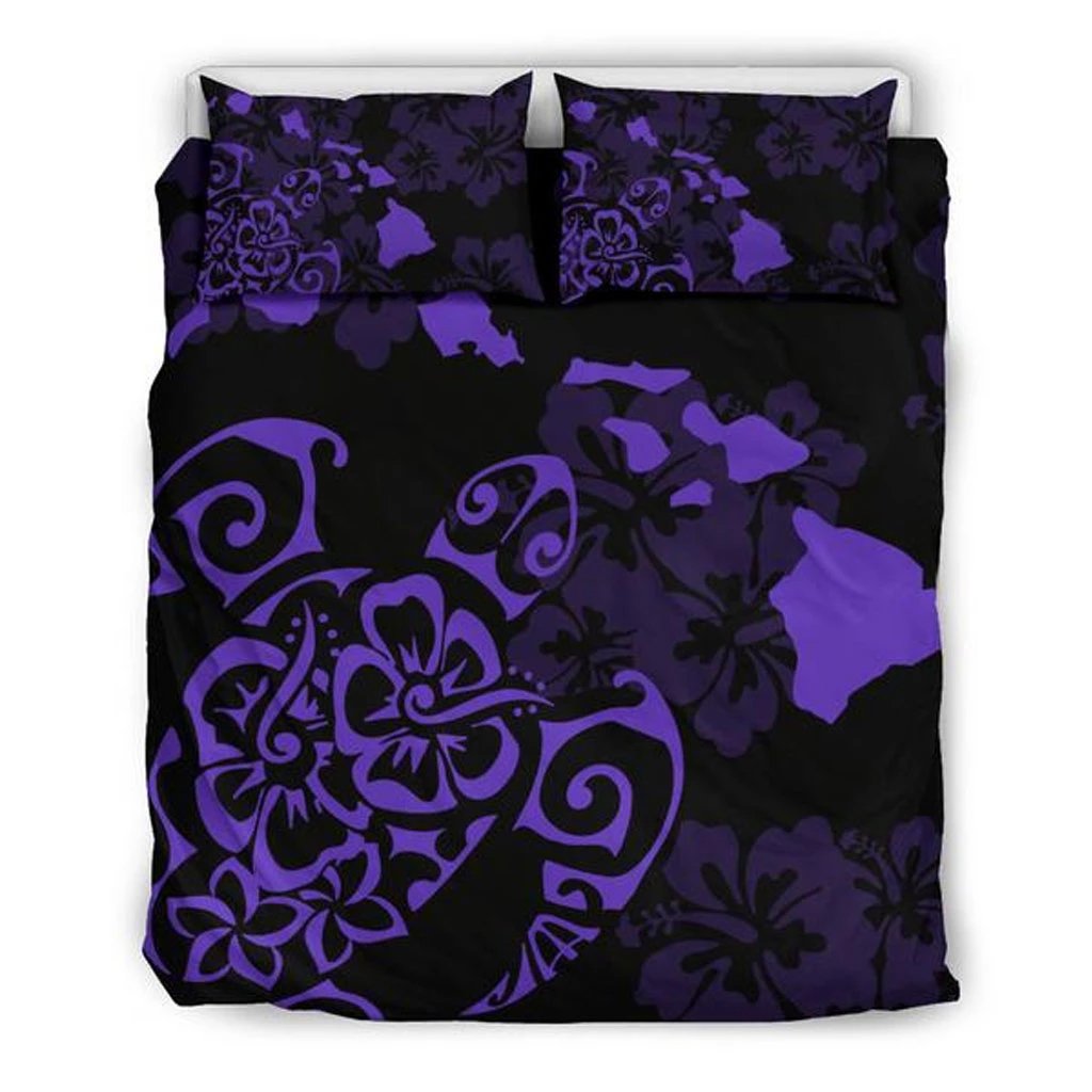 Hawaiian Map Turtle Hibiscus Purple Bedding Set Art - Polynesian Pride