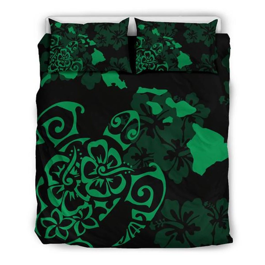 Hawaiian Map Turtle Hibiscus Green Bedding Set Green - Polynesian Pride