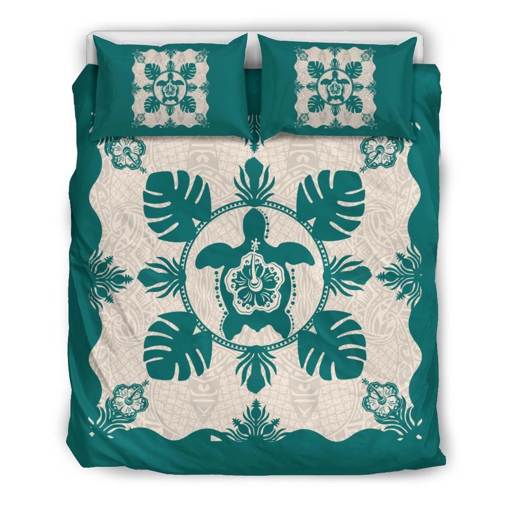 Hawaiian Turtle Hibiscus Monstera Polynesian Bedding Set Black - Polynesian Pride