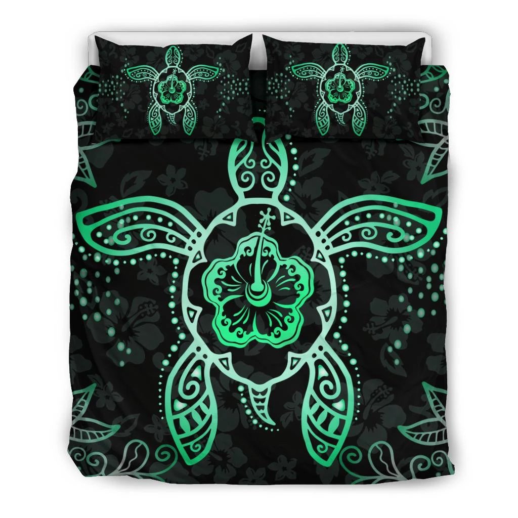 Hawaiian Turtle Hibiscus Green Bedding Set Black - Polynesian Pride