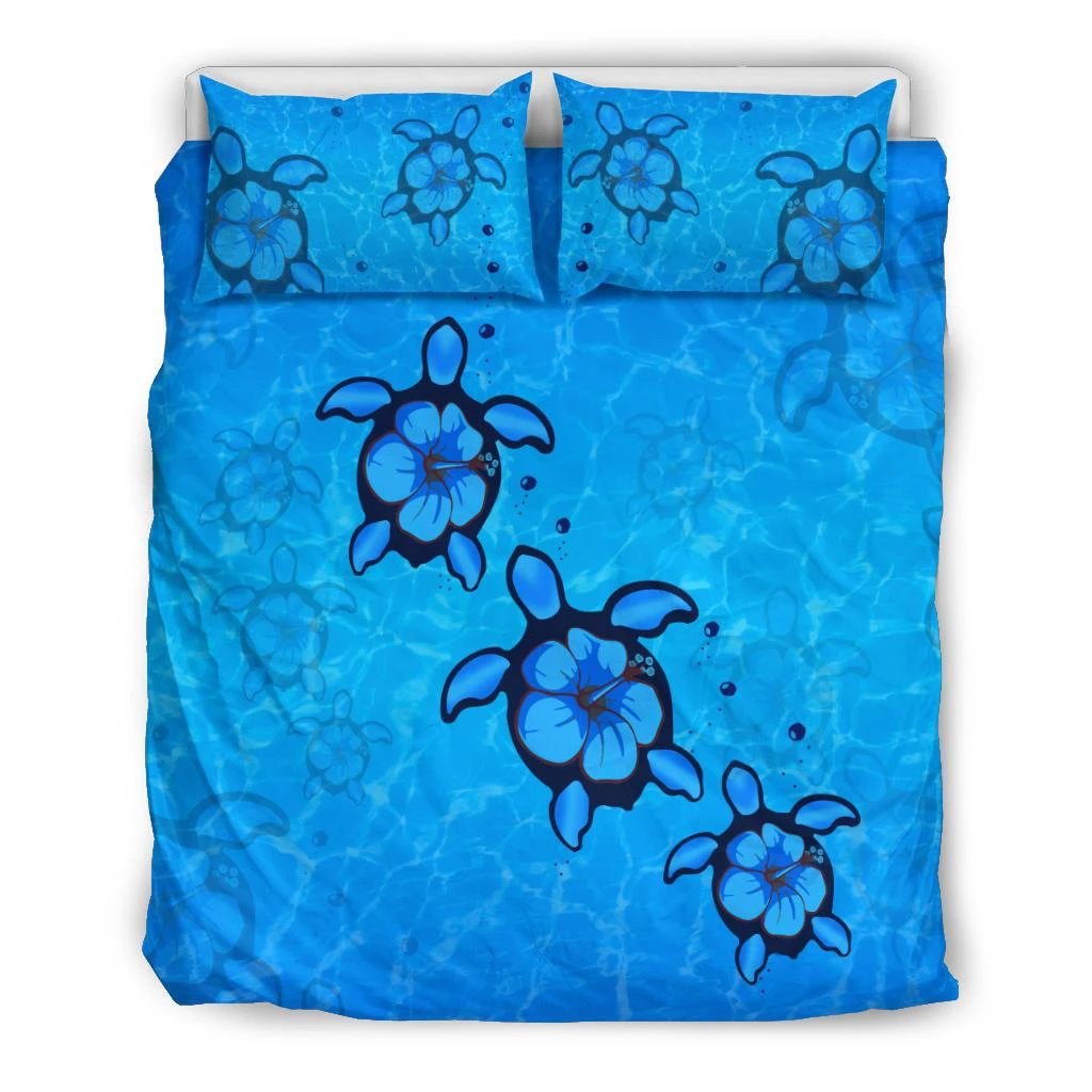 Hawaiian Turtle Hibiscus Swim In Sea Bedding Set Black - Polynesian Pride