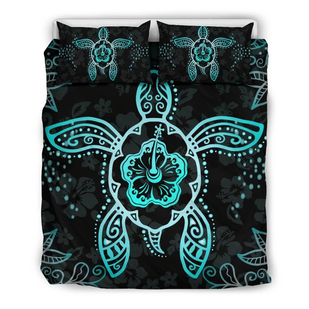 Hawaiian Turtle Hibiscus Plumeria Green Bedding Set Black - Polynesian Pride