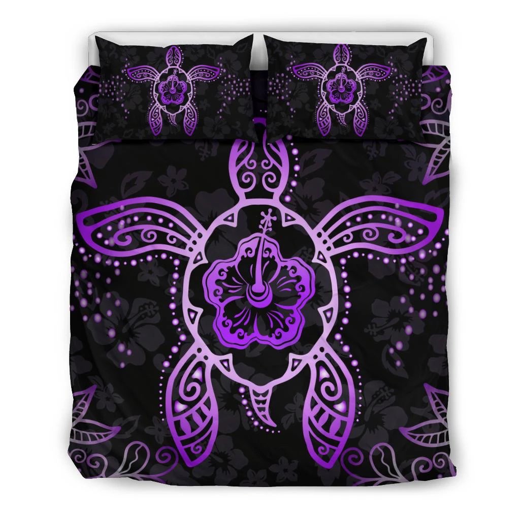 Hawaiian Turtle Hibiscus Plumeria Violet Bedding Set Black - Polynesian Pride