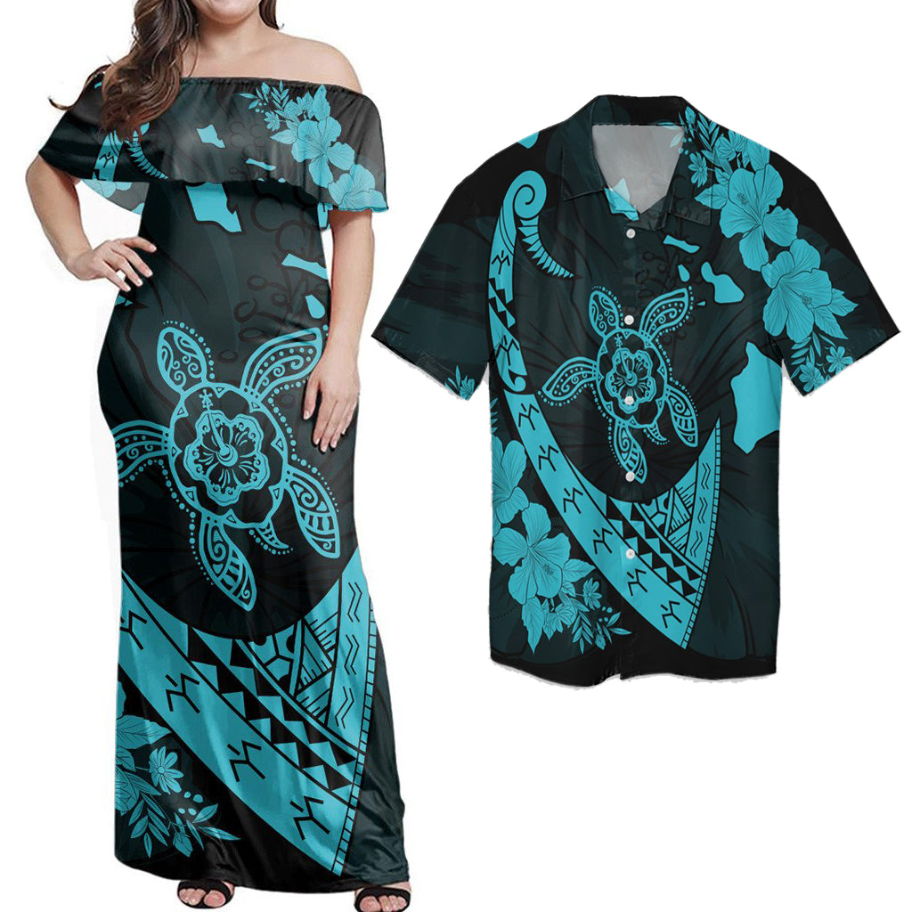 Hawaii Matching Dress and Hawaiian Shirt Hawaii Map Hibiscus Turtle Fish Hook Polynesian Blue RLT14 No Dress - Polynesian Pride