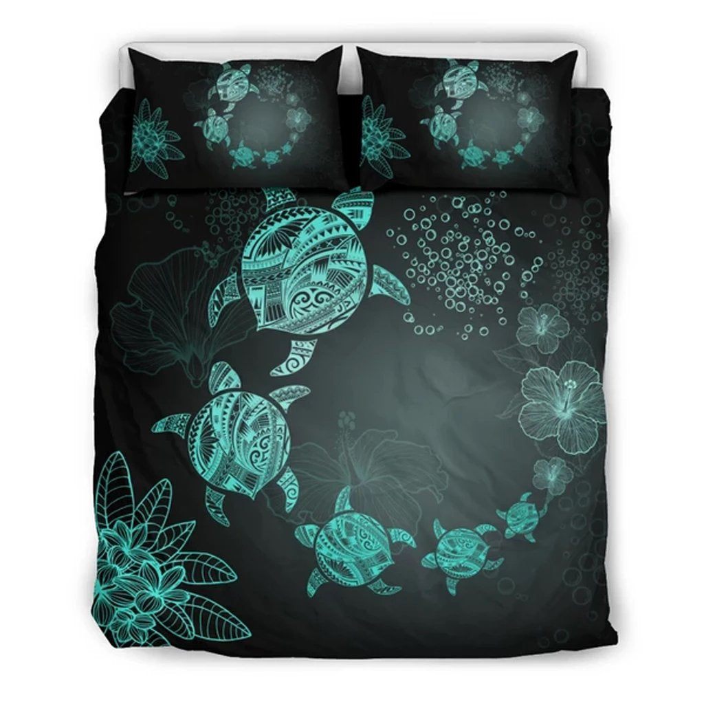 Hawaiian Turtle Plumeria Hibiscus Polynesian Deep Sea Bedding Set V.2 Black - Polynesian Pride