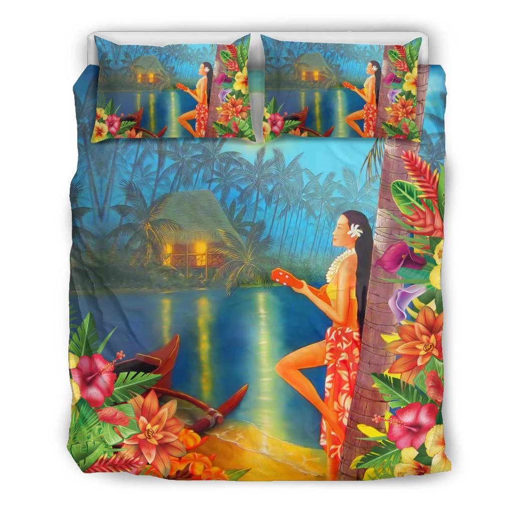 Hawaiian Hula Girl Sing In Aboriginal Village Aat Night Bedding Set Black - Polynesian Pride