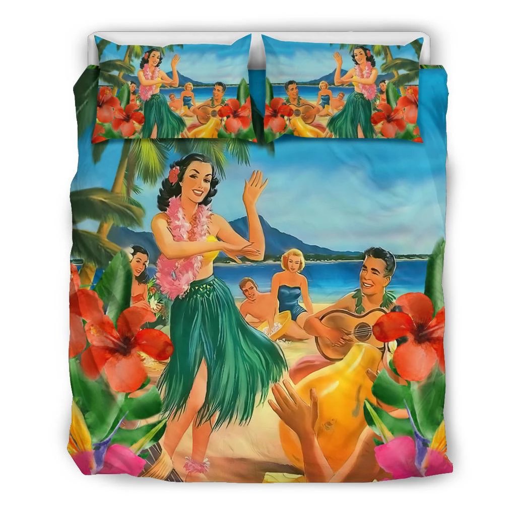 Hawaiian Hula Sing Dance On Beach Bedding Set Black - Polynesian Pride