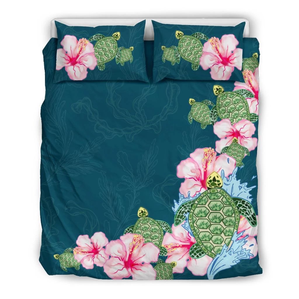 Hawaiian Hibiscus Turtle Seaweed Dance Bedding Set Black - Polynesian Pride