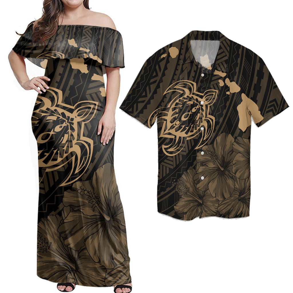 Hawaii Couple Outfits Matching Dress and Hawaiian Shirt Hawaii Hibiscus Sea Turtle Swim Polynesian Gold RLT14 No Dress - Polynesian Pride
