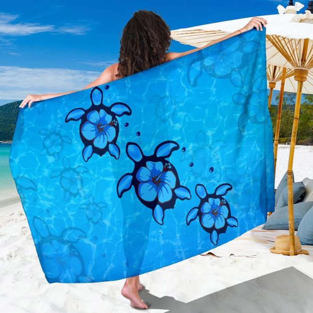 Turtle Hibiscus Swim In Sea Sarong Sarong 44*66 Inch Blue - Polynesian Pride