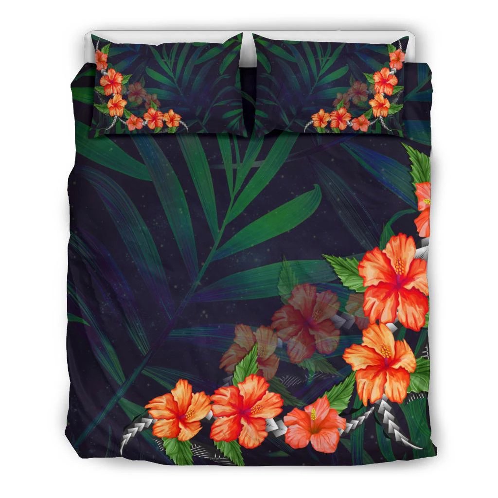 Hawaiian Hibiscus Palm Leaves Background Bedding Set Black - Polynesian Pride