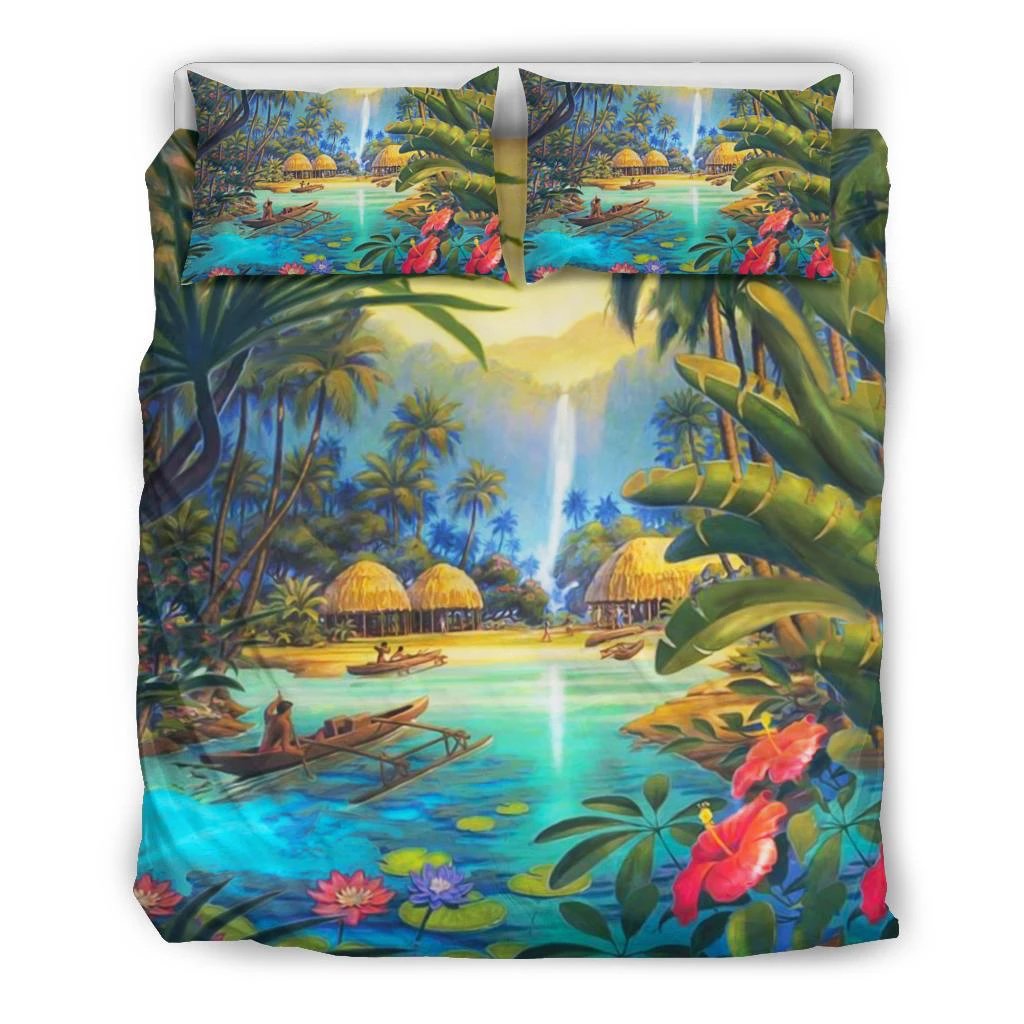 Hawaiian Living In Aboriginal Village Bedding Set Black - Polynesian Pride