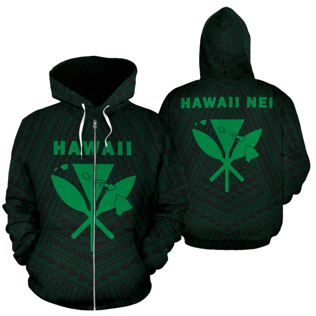 Hawaii Kanaka Polynesian Zip up Hoodie Green Unisex Green - Polynesian Pride