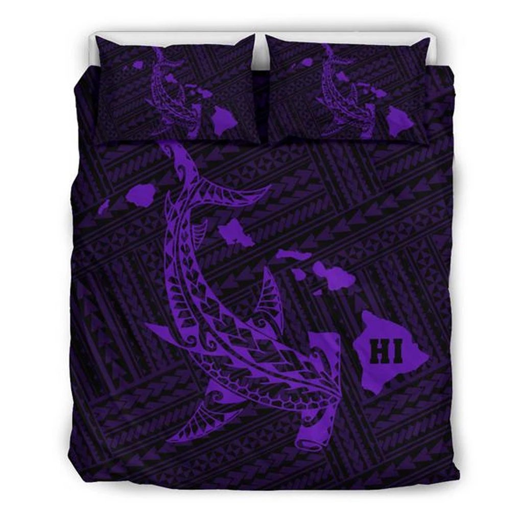 Hawaiian Map Hamerhead Shark Polynesian Purple Bedding Set Purple - Polynesian Pride