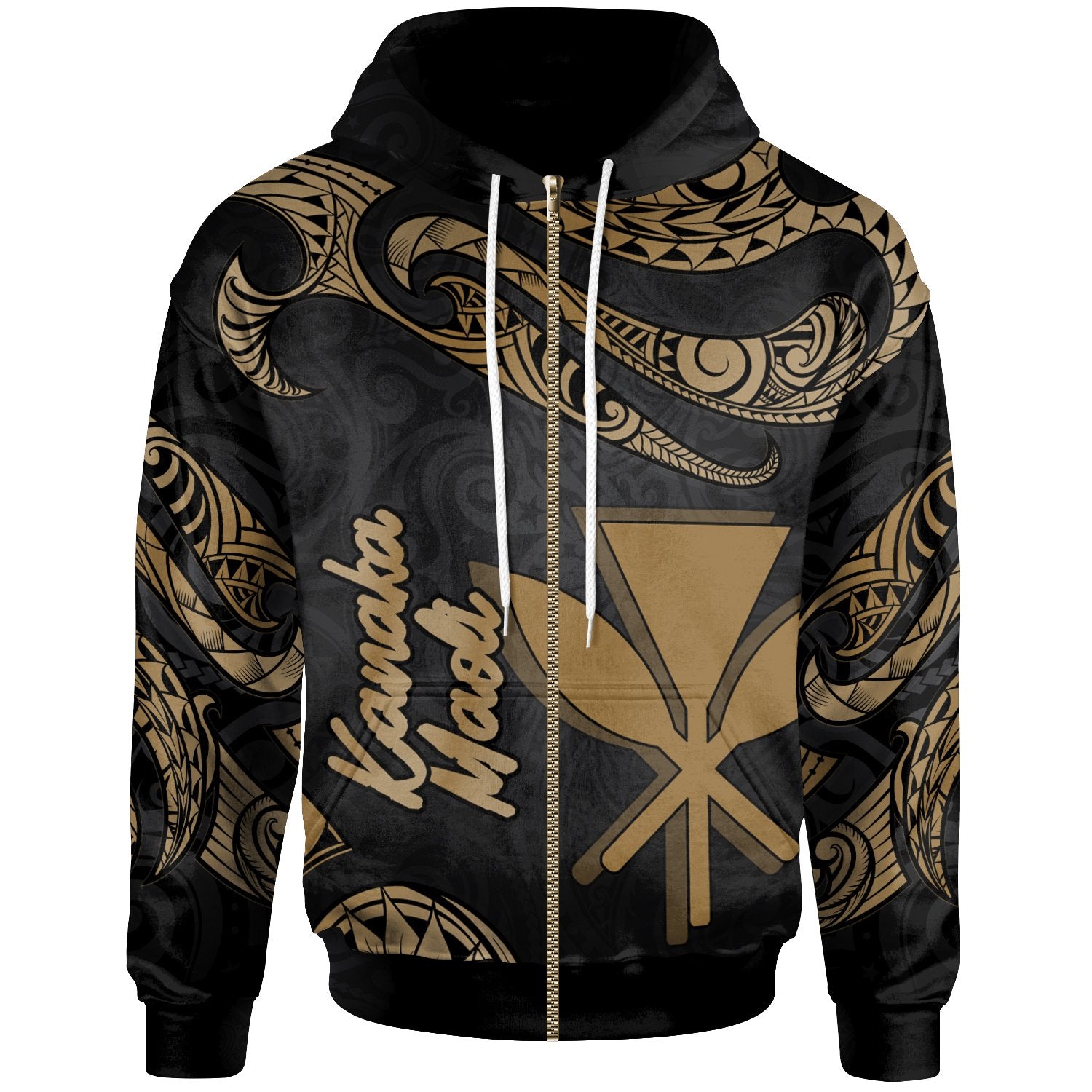 Hawaii Kanaka Maoli Polynesian Zip Hoodie Polynesian Tattoo Gold Version Unisex Gold - Polynesian Pride