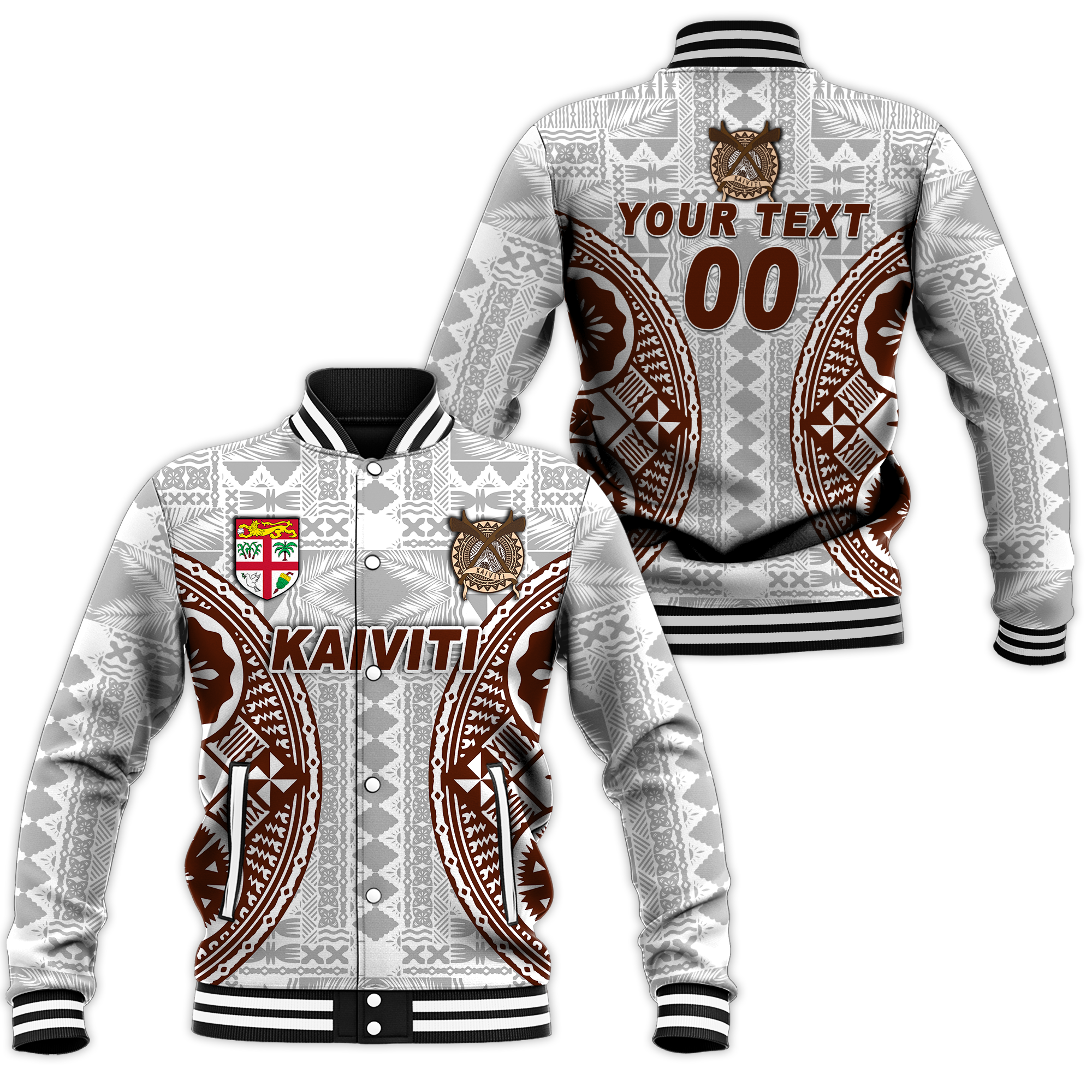 (Custom Personalised) Fiji Kaiviti Tapa Pattern Baseball Jacket - LT12 Unisex White - Polynesian Pride