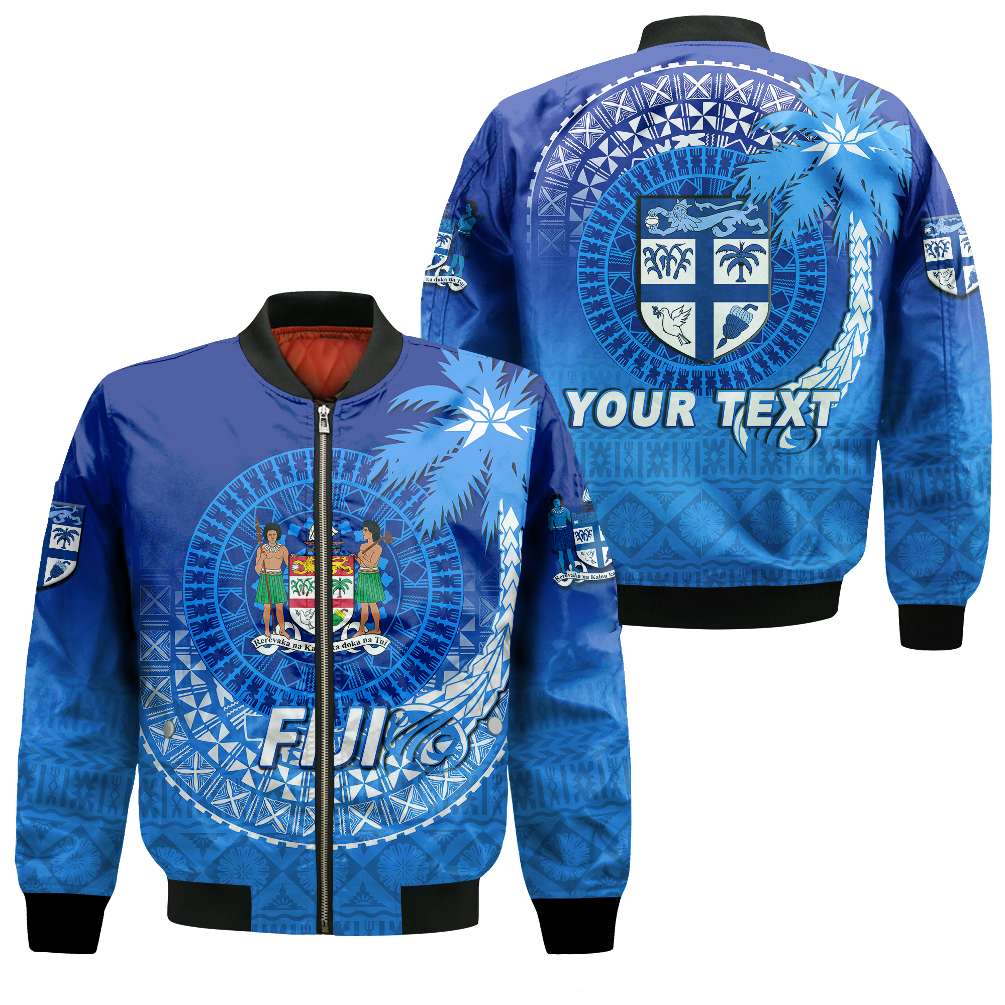 (Custom Personalised) Fiji Tapa Tribal Coconut Tree Bomber Jacket - LT12 Bomber Jacket Blue - Polynesian Pride