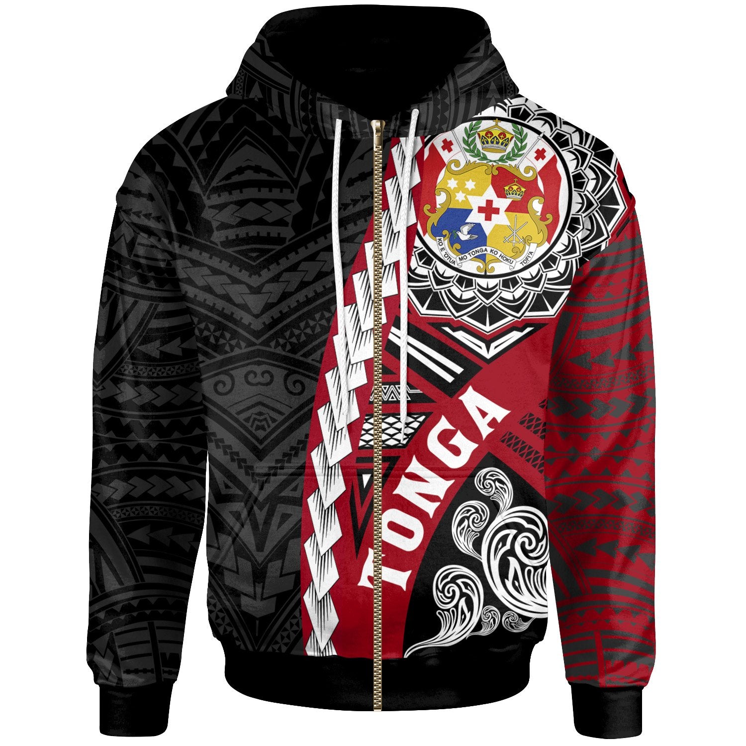 Tonga Polynesian Zip up Hoodie Wave Tattoo Unisex Black - Polynesian Pride