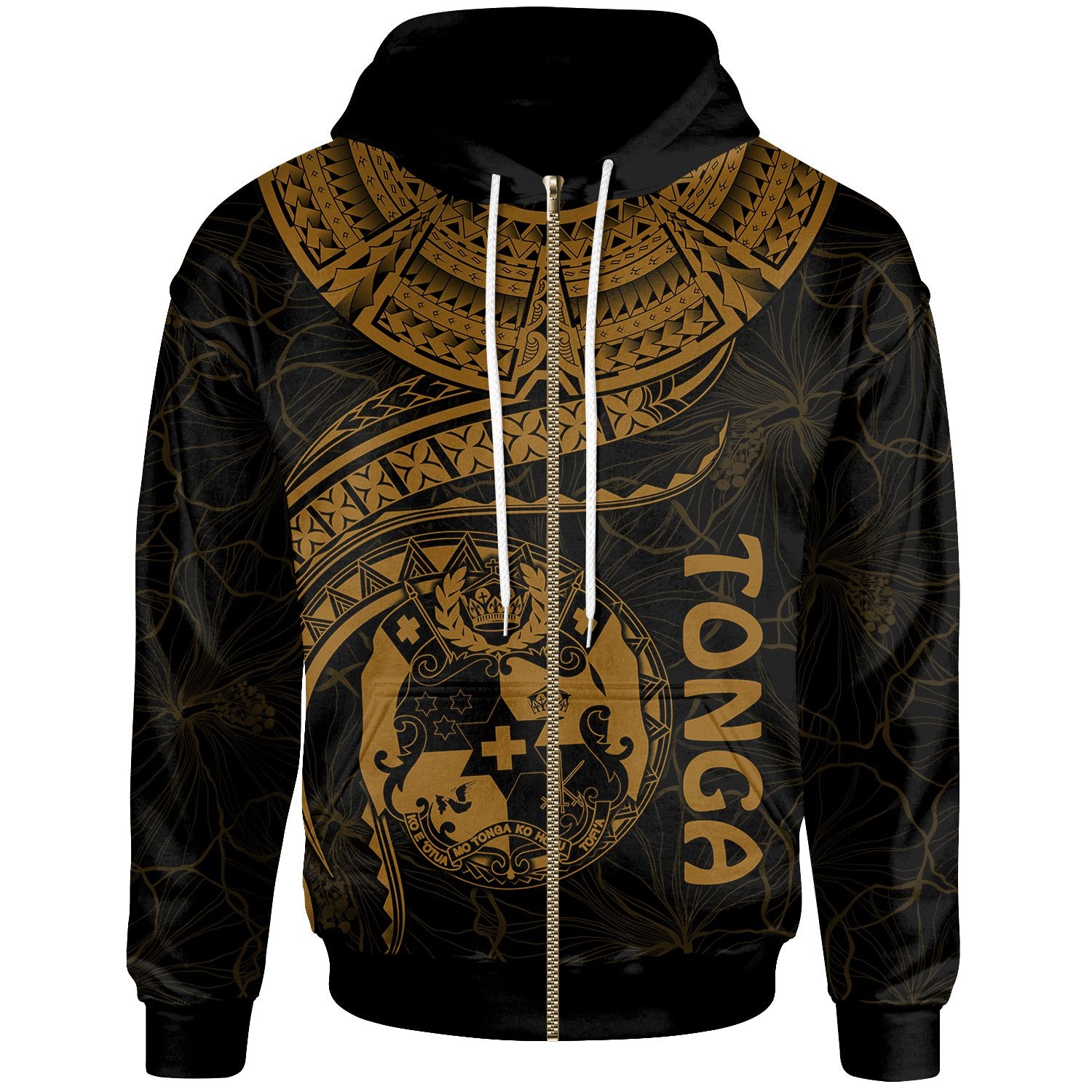 Tonga Polynesian Zip up Hoodie Tonga Waves (Golden) Unisex Black - Polynesian Pride