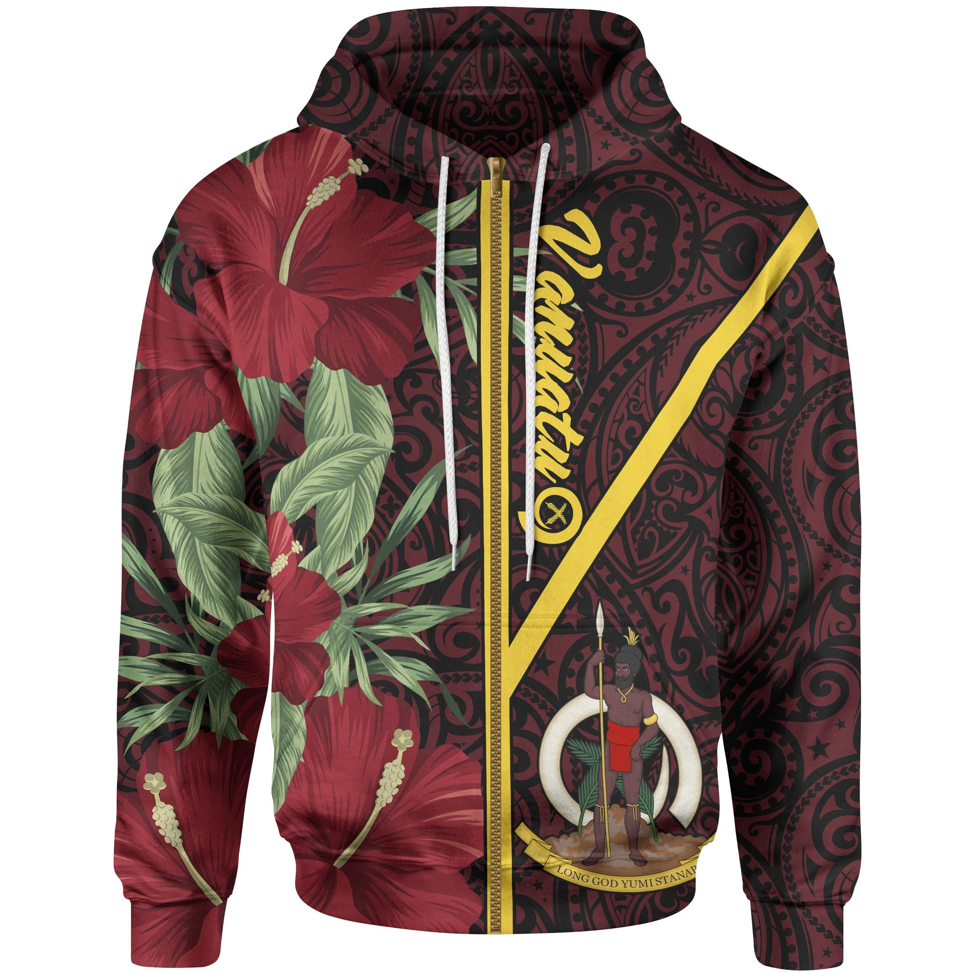 Vanuatu Polynesian Zip up Hoodie Tropical Flowers With Seal Unisex Red - Polynesian Pride