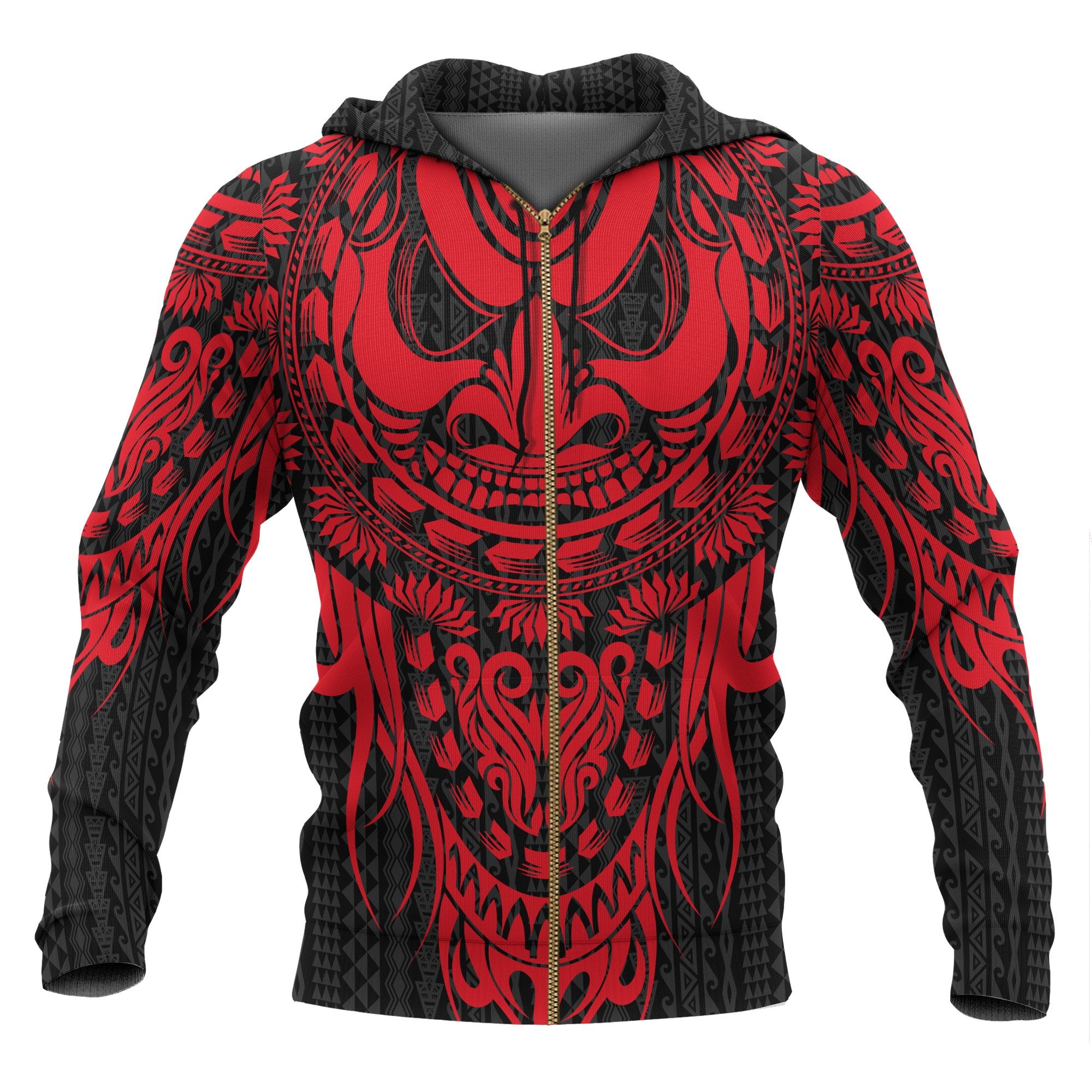 Polynesian All Over Zip up Hoodie Tattoo Tiki Red Unisex Red - Polynesian Pride