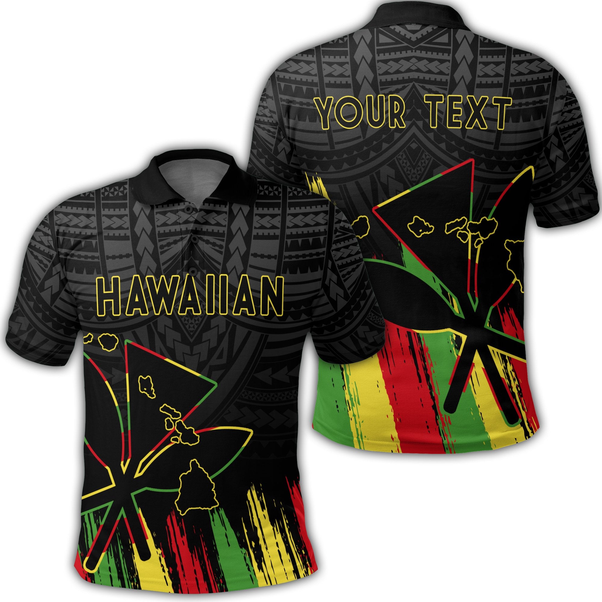 Custom Hawaiian Map Kanaka Flag Brush Polo Shirt Black Throne Style Unisex Black - Polynesian Pride