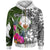 Pohnpei Zip up Hoodie White Turtle Plumeria Banana Leaf Unisex White - Polynesian Pride