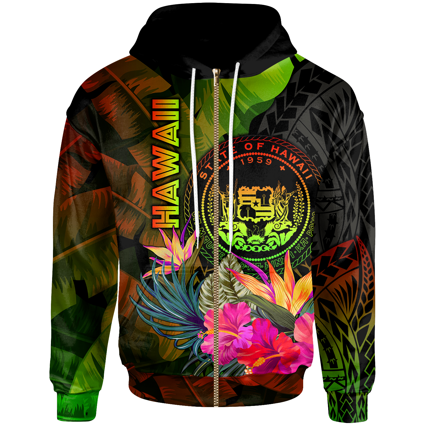 Polynesian Hawaii Polynesian Zip up Hoodie Hibiscus and Banana Leaves Unisex Reggae - Polynesian Pride