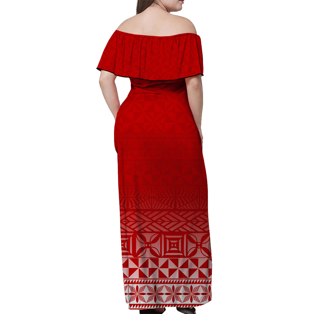 Tonga Off Shoulder Long Dress - Tongan Pattern Red - LT12 - Polynesian Pride