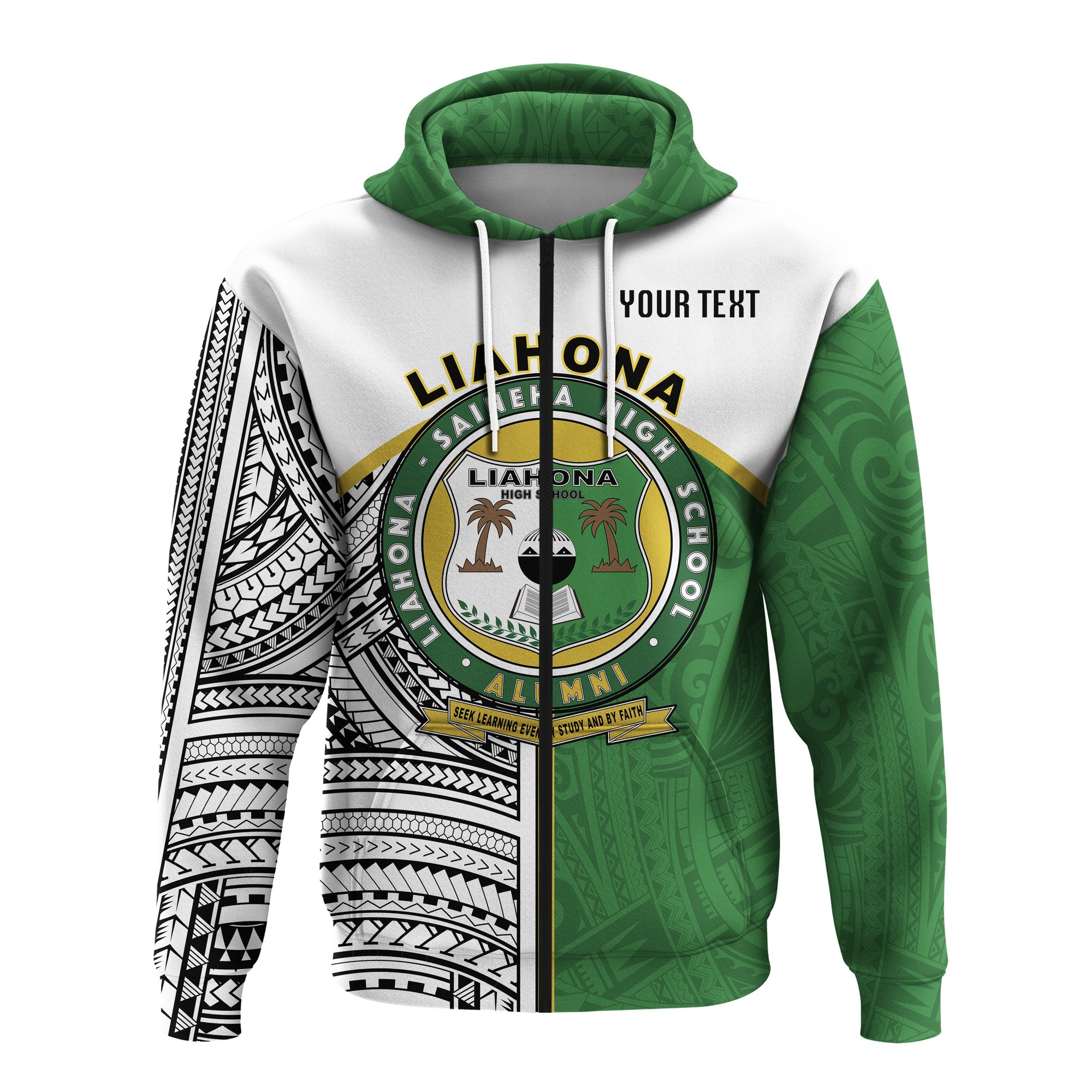 Custom Liahona High School Zip up Hoodie Polynesian Patterns ver1 LT20 Unisex Green - Polynesian Pride