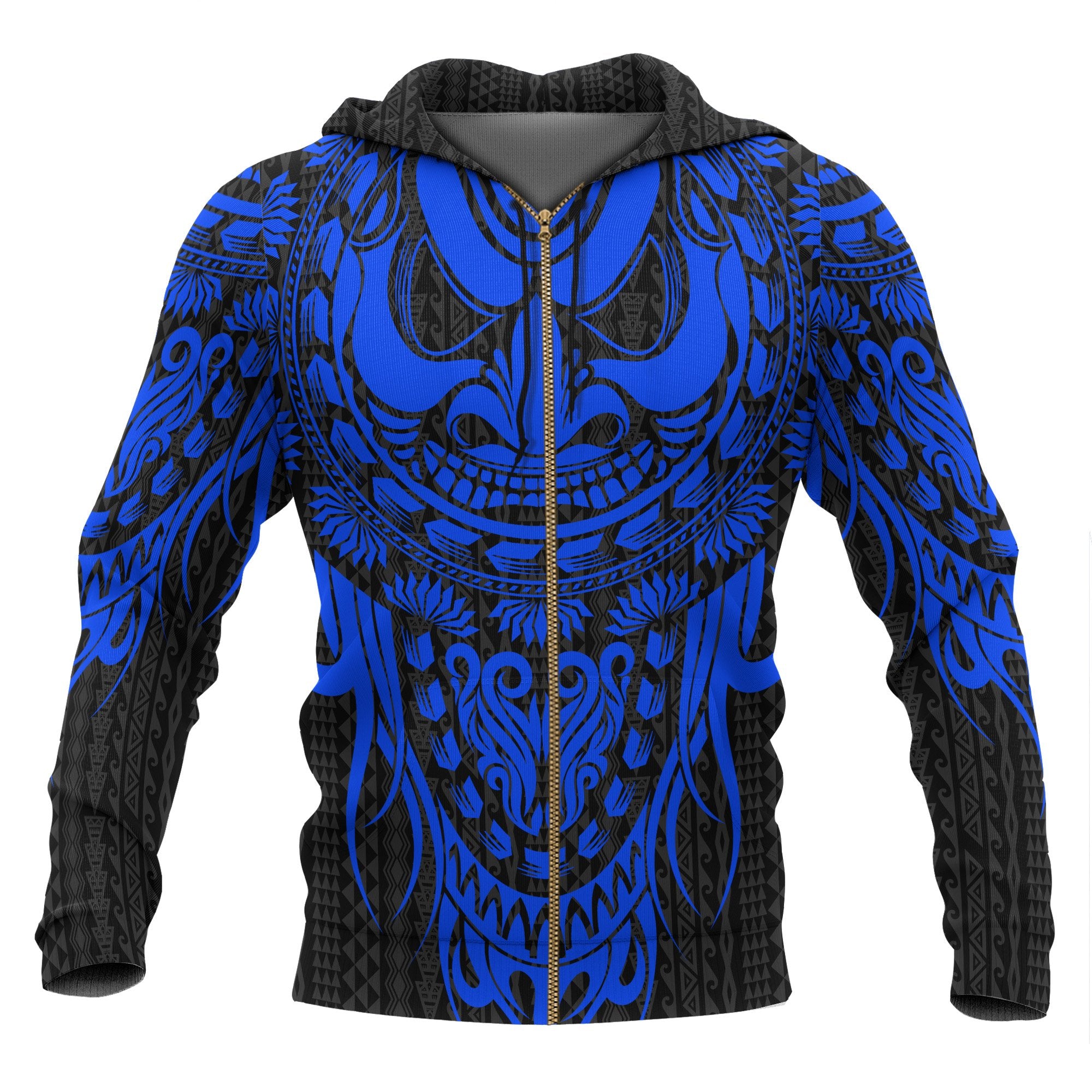 Polynesian All Over Zip up Hoodie Tattoo Tiki Mask Blue Unisex Blue - Polynesian Pride