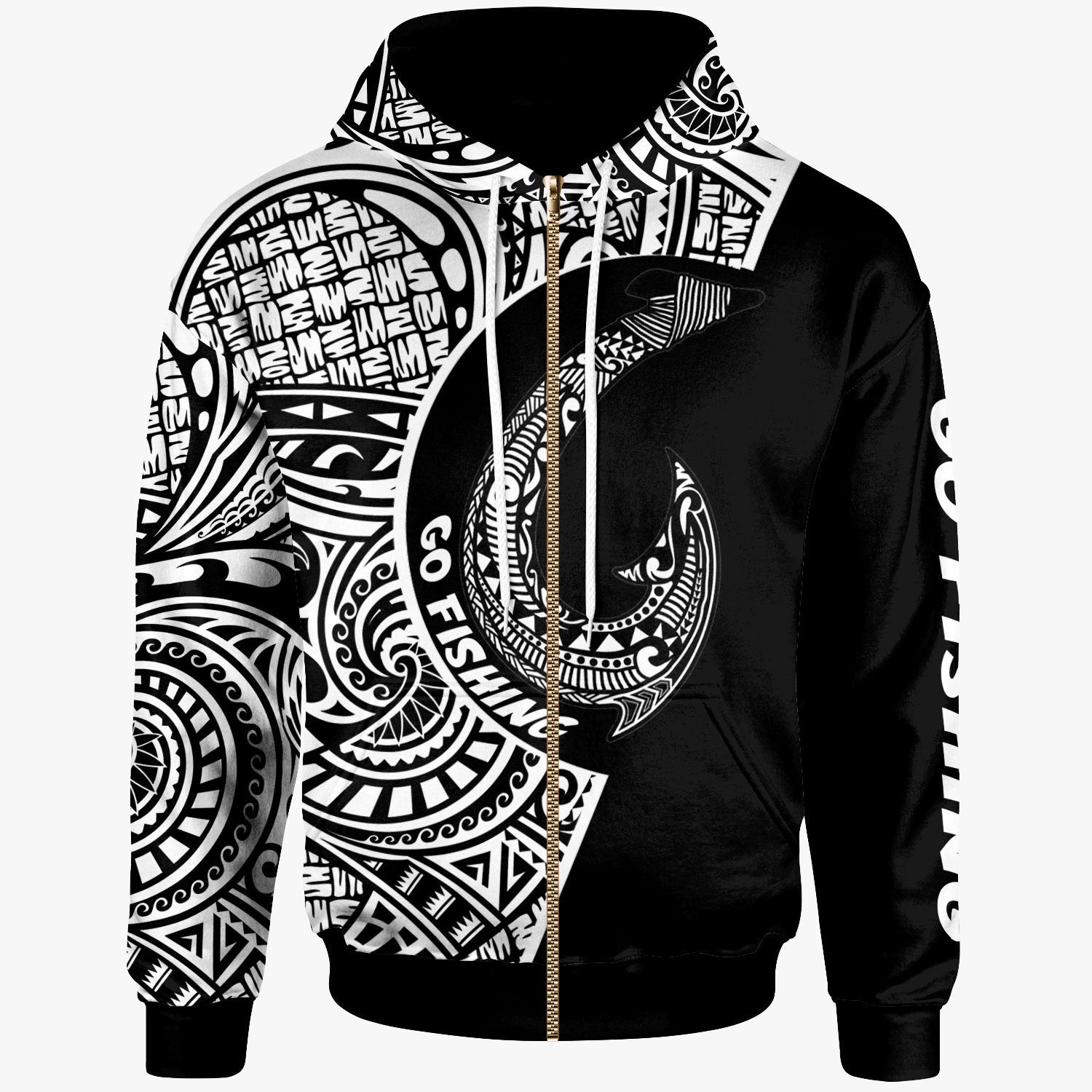 Yap Zip Hoodie Hook Tattoo Black Color Unisex Black - Polynesian Pride