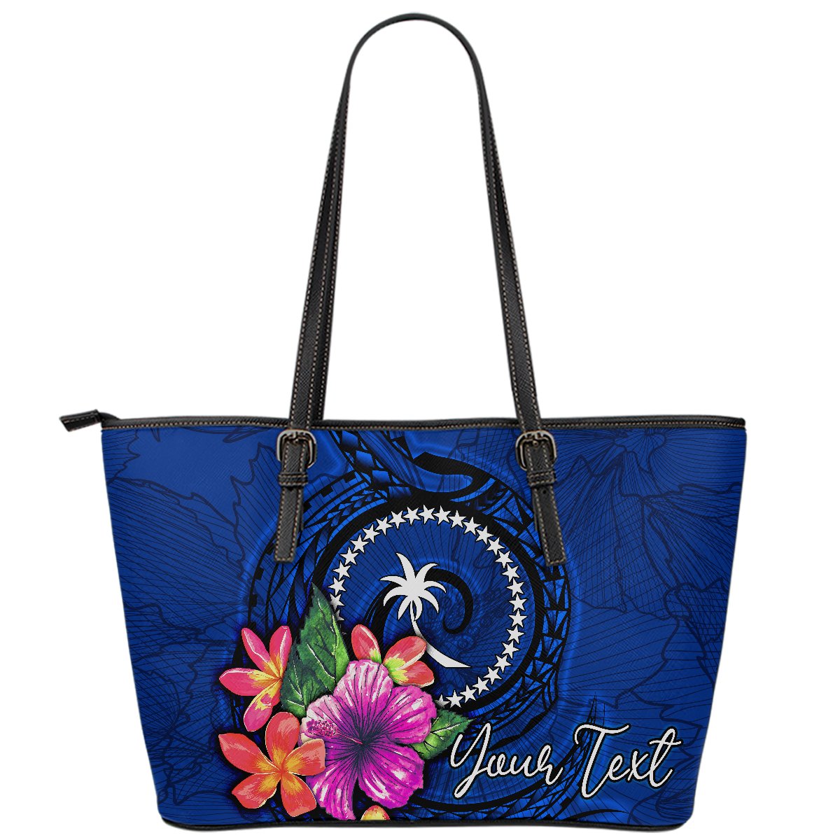 Chuuk Micronesia Custom Personalised Leather Tote Bag - Floral With Seal Blue Blue - Polynesian Pride