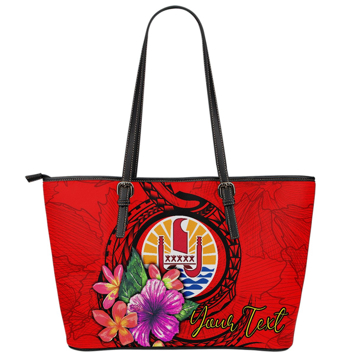 Tahiti Polynesian Custom Personalised Leather Tote Bag - Floral With Seal Red Red - Polynesian Pride