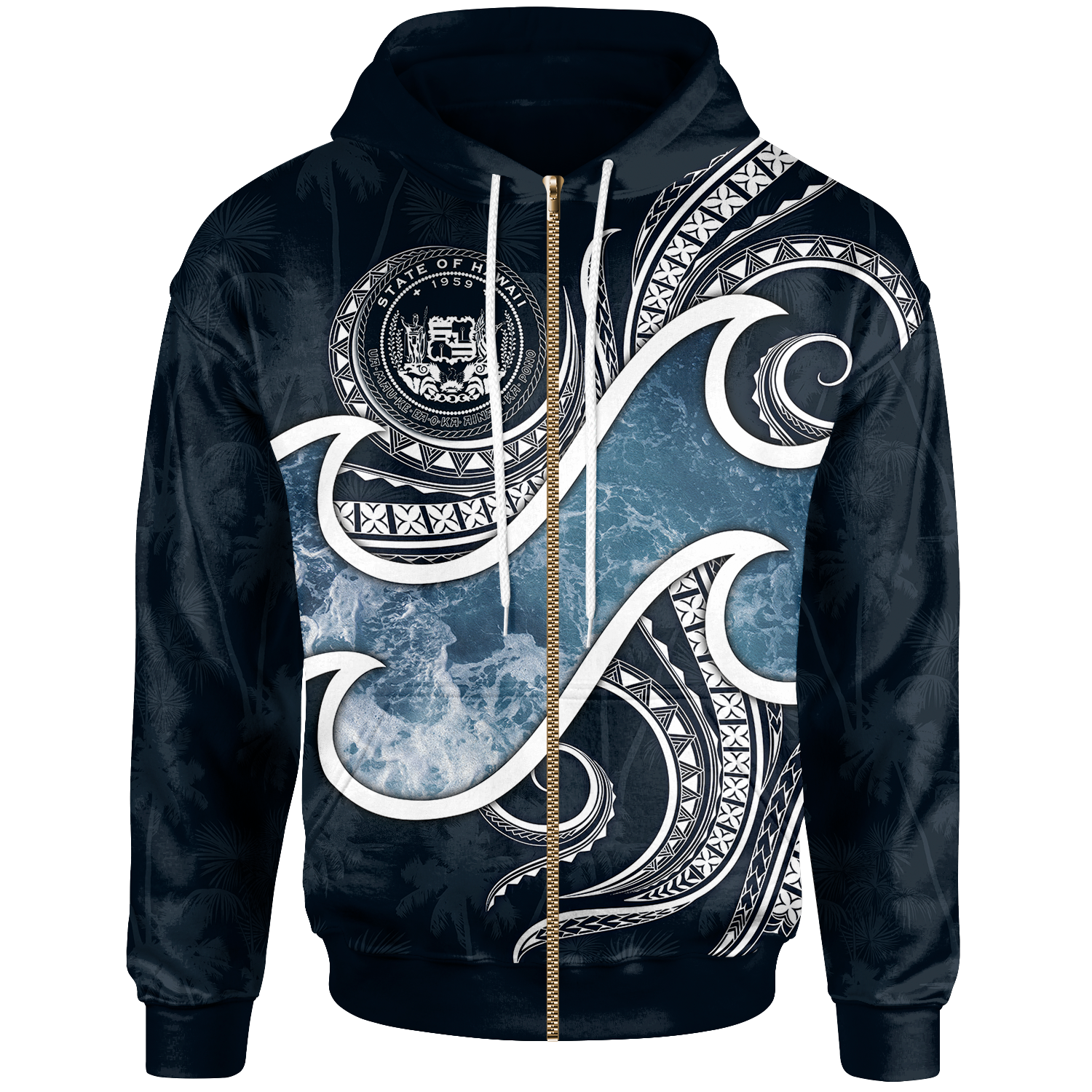 Polynesian Hawaii Zip up Hoodie Ocean Style (Coat of Arms) Unisex Black - Polynesian Pride