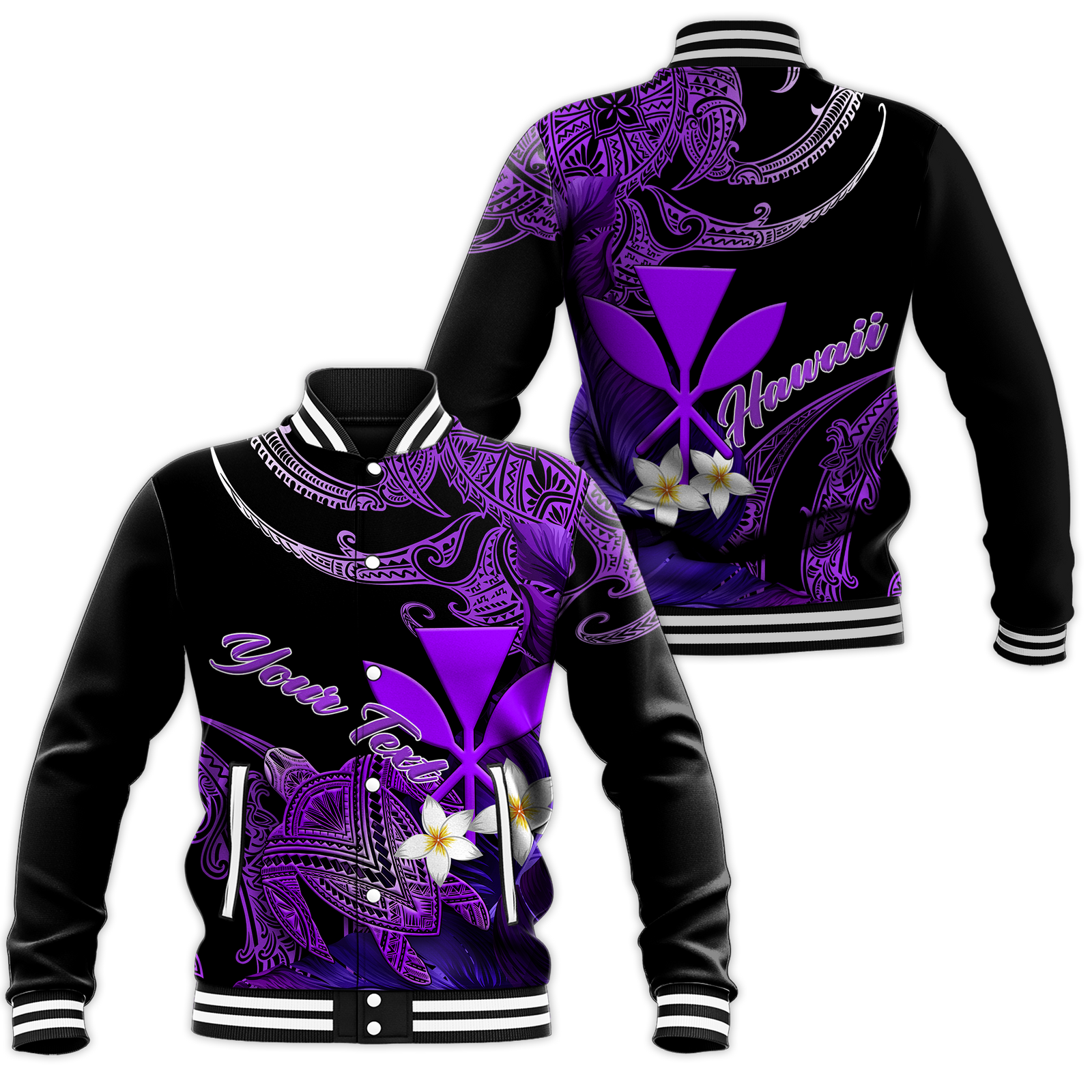 (Custom Personalised) Hawaii Turtle With Plumeria Leaf Purple Baseball Jacket - LT12 Unisex Black - Polynesian Pride