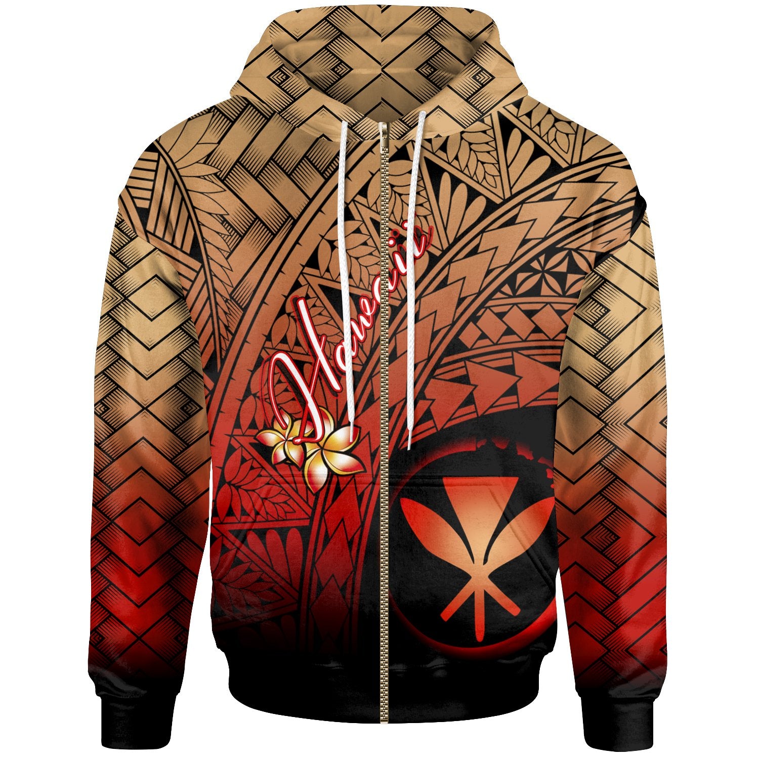 Hawaii Polynesian Zip Hoodie Plumeria Tattoo Tribal Unisex Red - Polynesian Pride