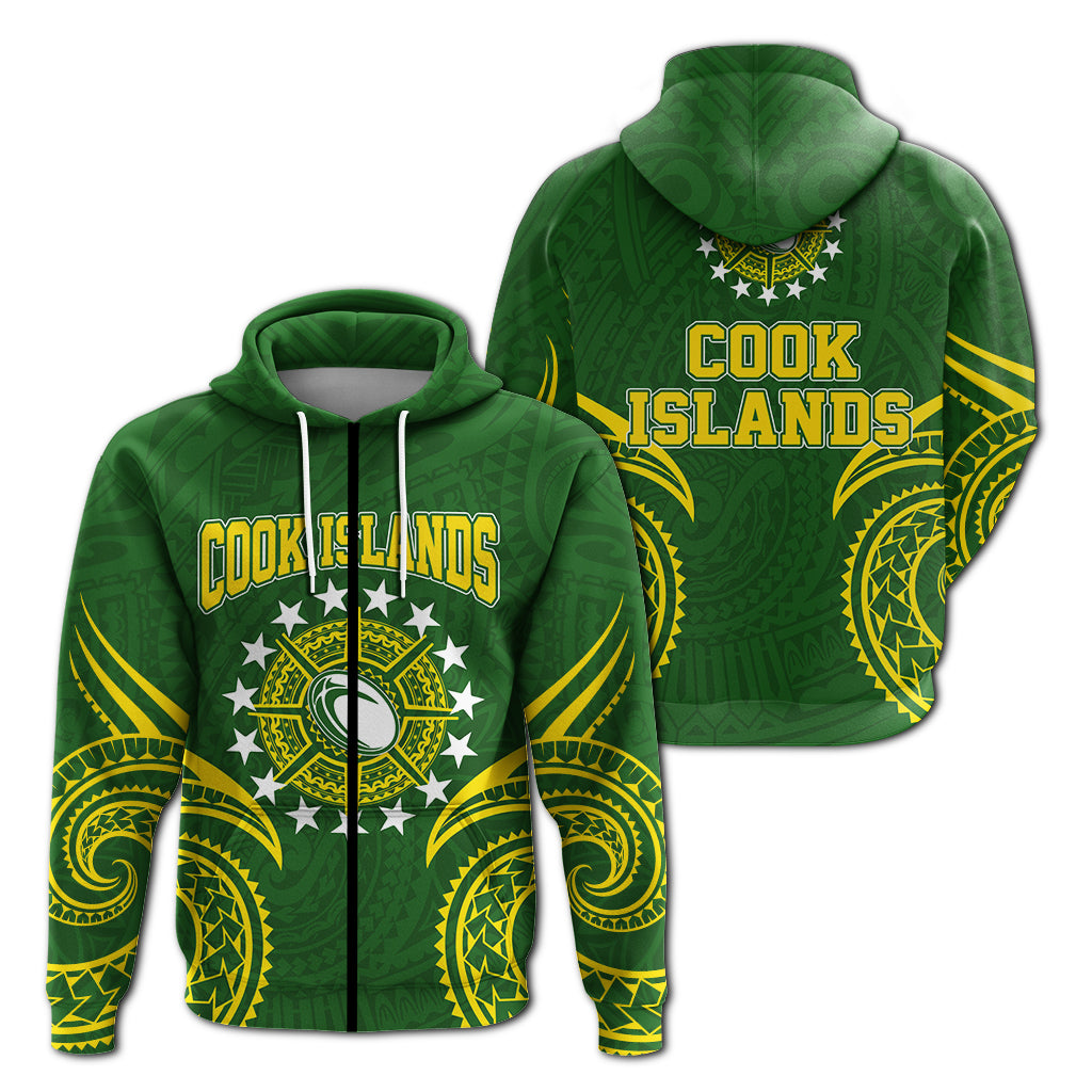 Cook Islands Rugby Zip up Hoodie Tribal Pattern LT12 Zip Hoodie Green - Polynesian Pride
