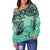 Pohnpei Women's Off Shoulder Sweaters - Vintage Floral Pattern Green Color - Polynesian Pride