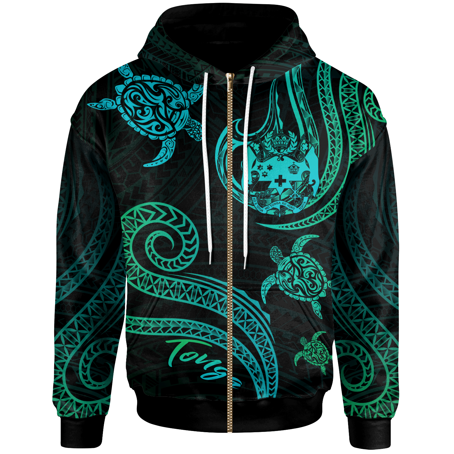 Tonga Zip Hoodie Polynesian Turtle With Pattern Unisex Blue Green - Polynesian Pride