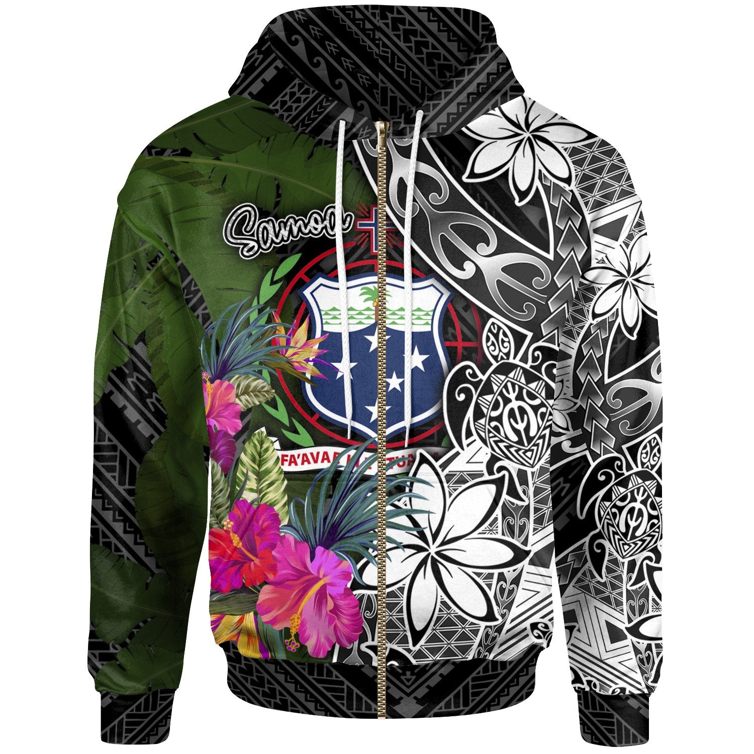 Samoa Zip up Hoodie Turtle Plumeria Banana Leaf Black - Polynesian Pride