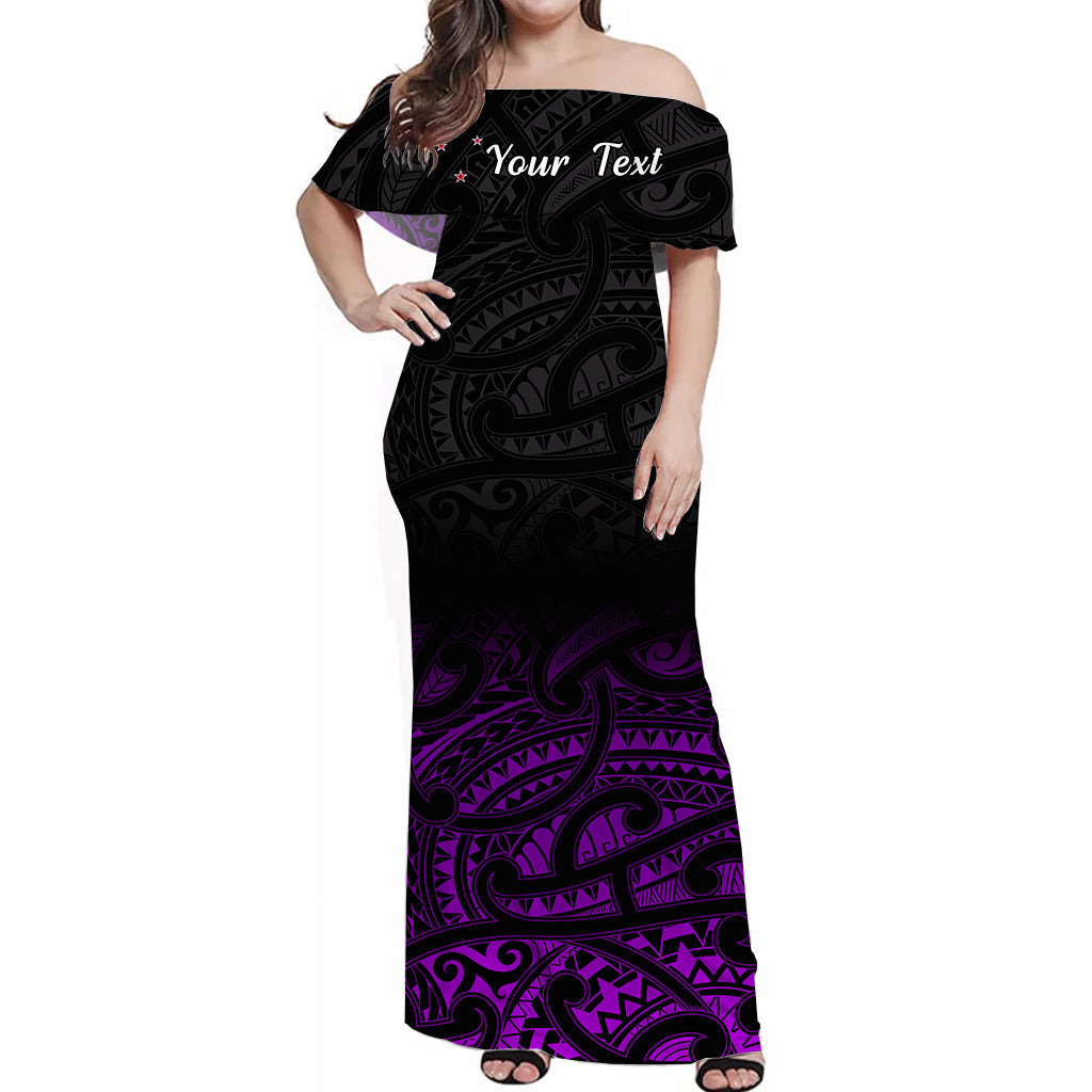 Custom Personalised New Zealand Off Shoulder Long Dress - Maori Pattern Purple LT13 Women Purple - Polynesian Pride