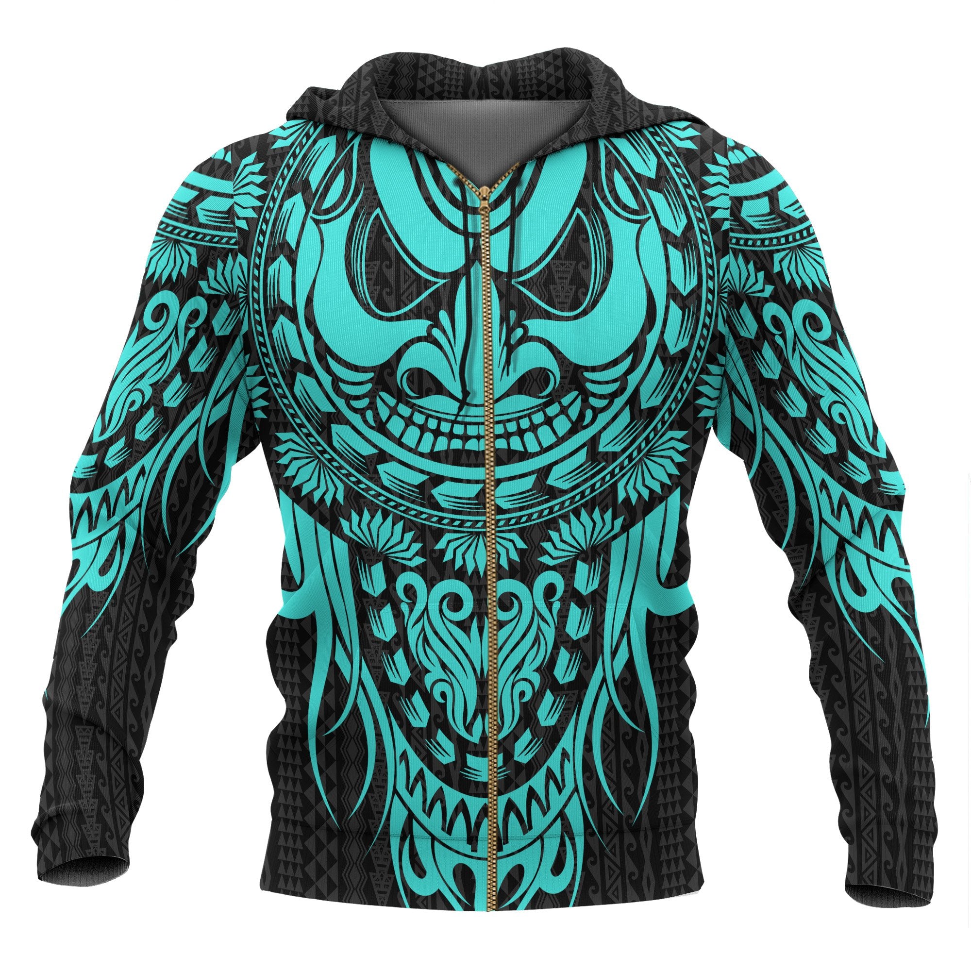 Polynesian All Over Zip up Hoodie Tattoo Tiki Neon Blue Unisex Blue - Polynesian Pride