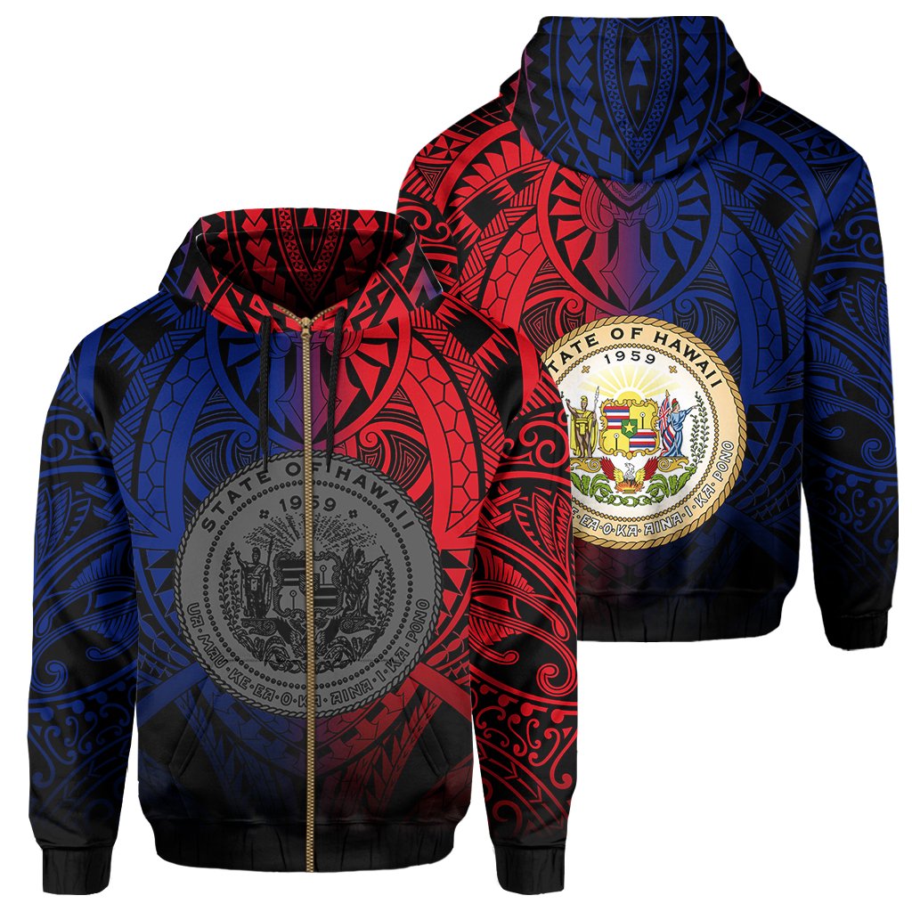 Hawaii Maka Polynesian Coat of Arms Zip Hoodie Heaven Style Red Blue Unisex Blue - Polynesian Pride