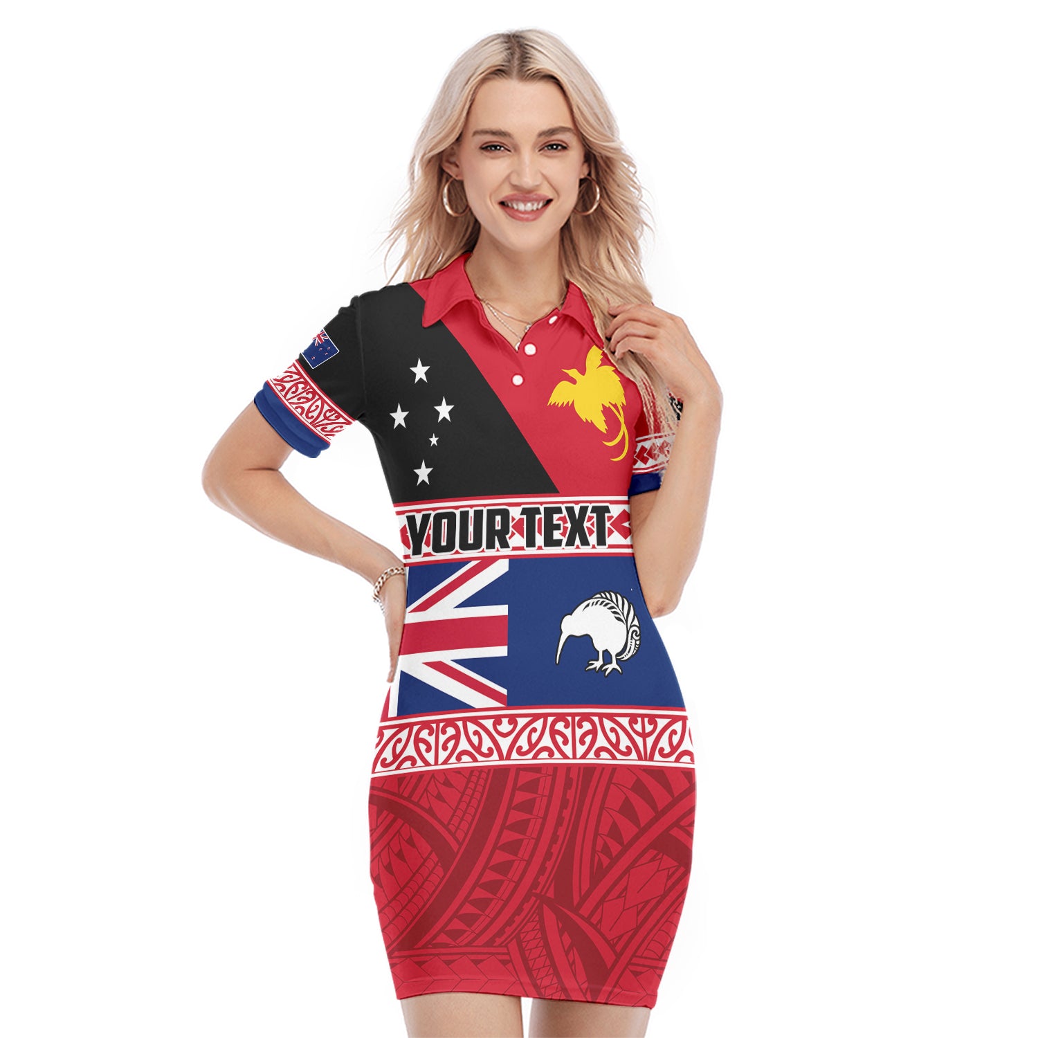 (Custom Personalised) Papua New Guinea and New Zealand Polo Dress Polynesian PNG and NZ LT13 Red - Polynesian Pride