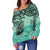 Cook Islands Women's Off Shoulder Sweaters - Vintage Floral Pattern Green Color - Polynesian Pride