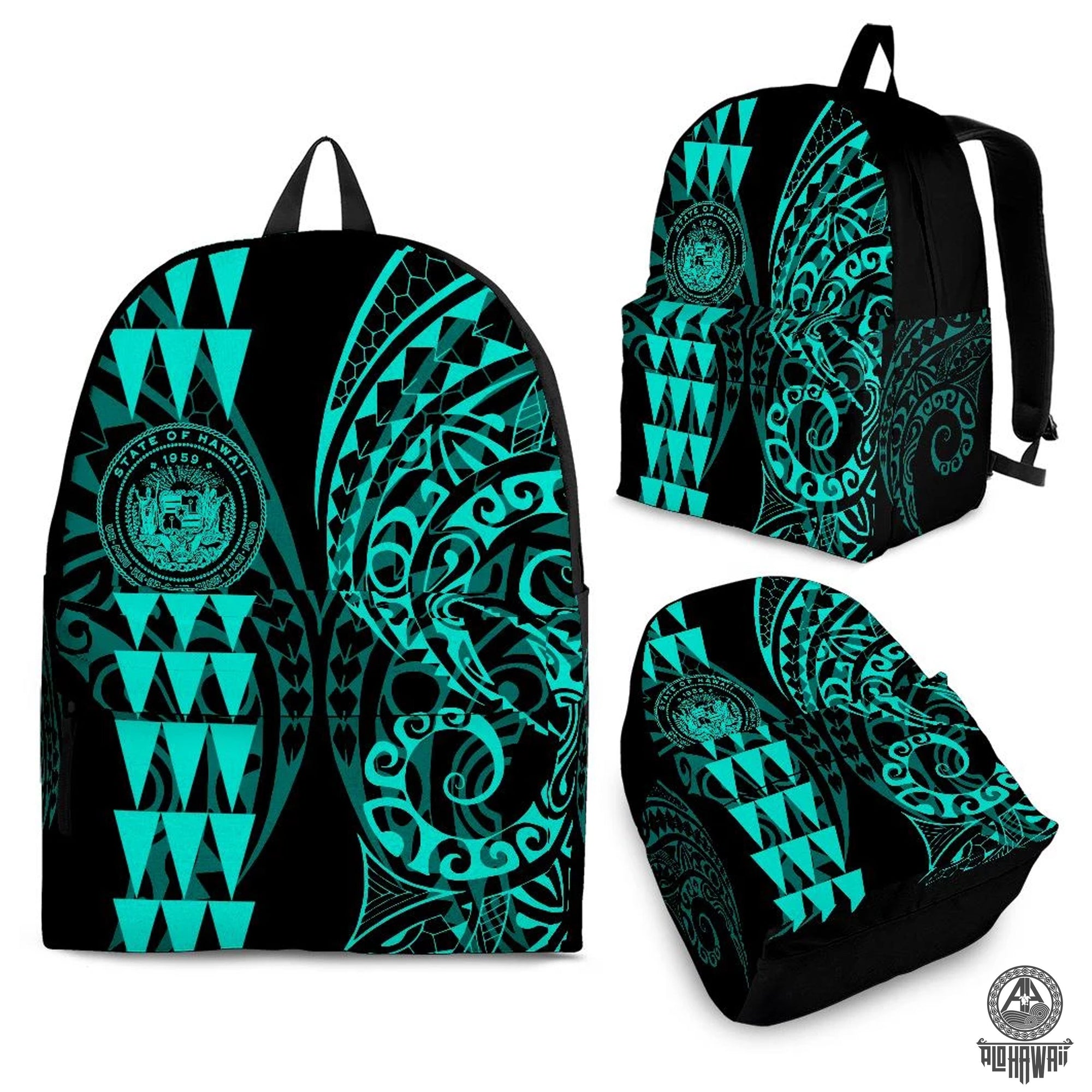 Hawaii Coat Of Arms Tribal Backpack - Turquoise Black - Polynesian Pride